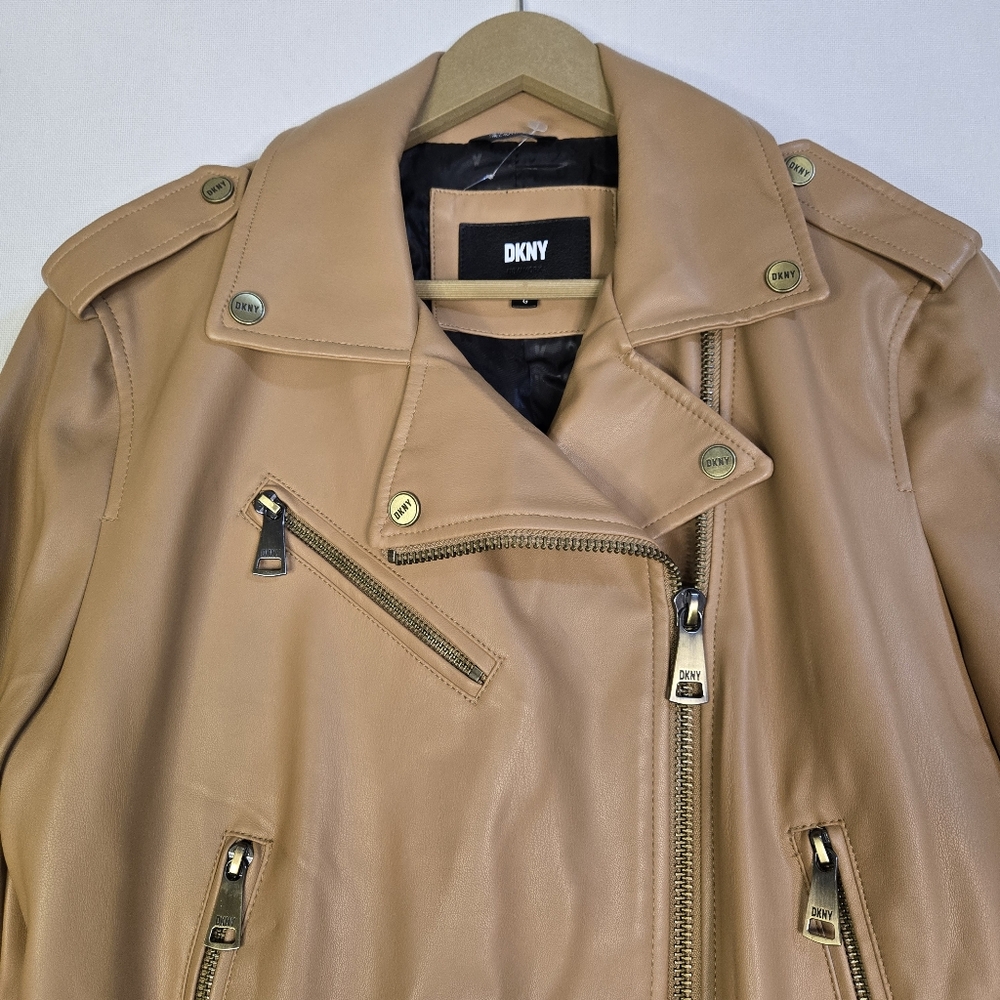 DKNY Women's Size Large Tan Faux Leather Moto Jacket, Belted With Zipper Details - Picture 9 of 11